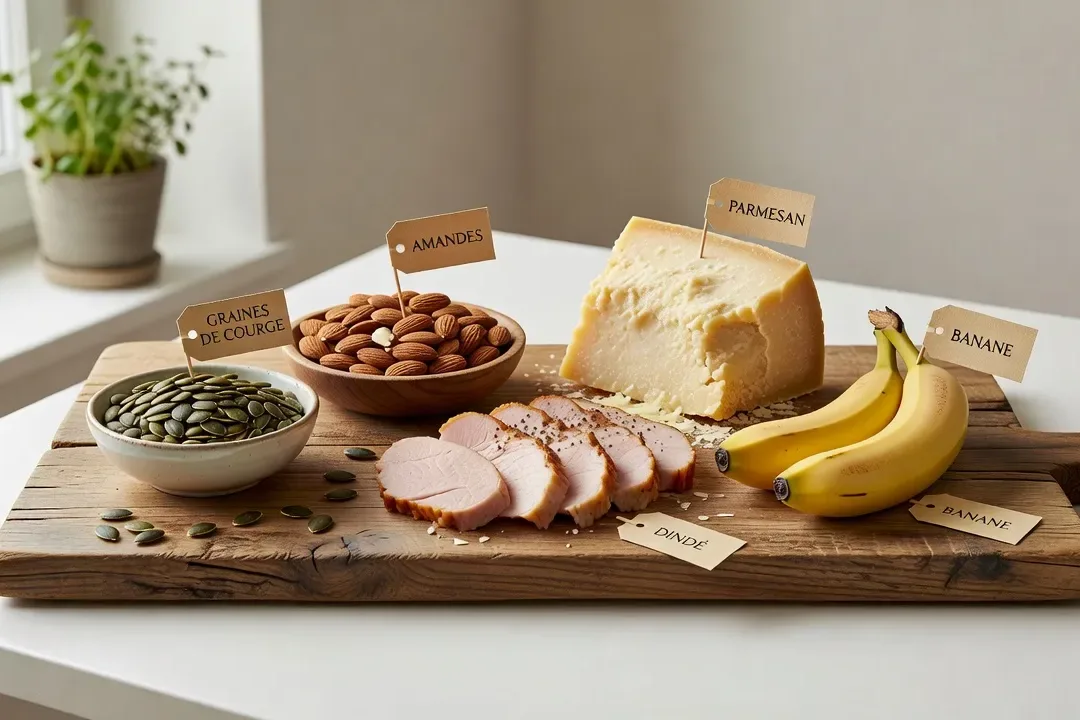 Tableau des aliments riches en tryptophane sur une planche en bois — graines de courge, amandes, parmesan