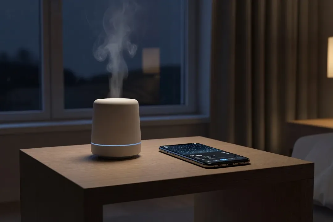 Diffuseur de son naturel sur une table de nuit, application de sons de pluie sur smartphone