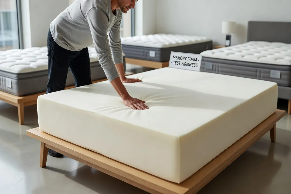 Test de fermeté d'un matelas mémoire de forme avec la main dans une chambre moderne