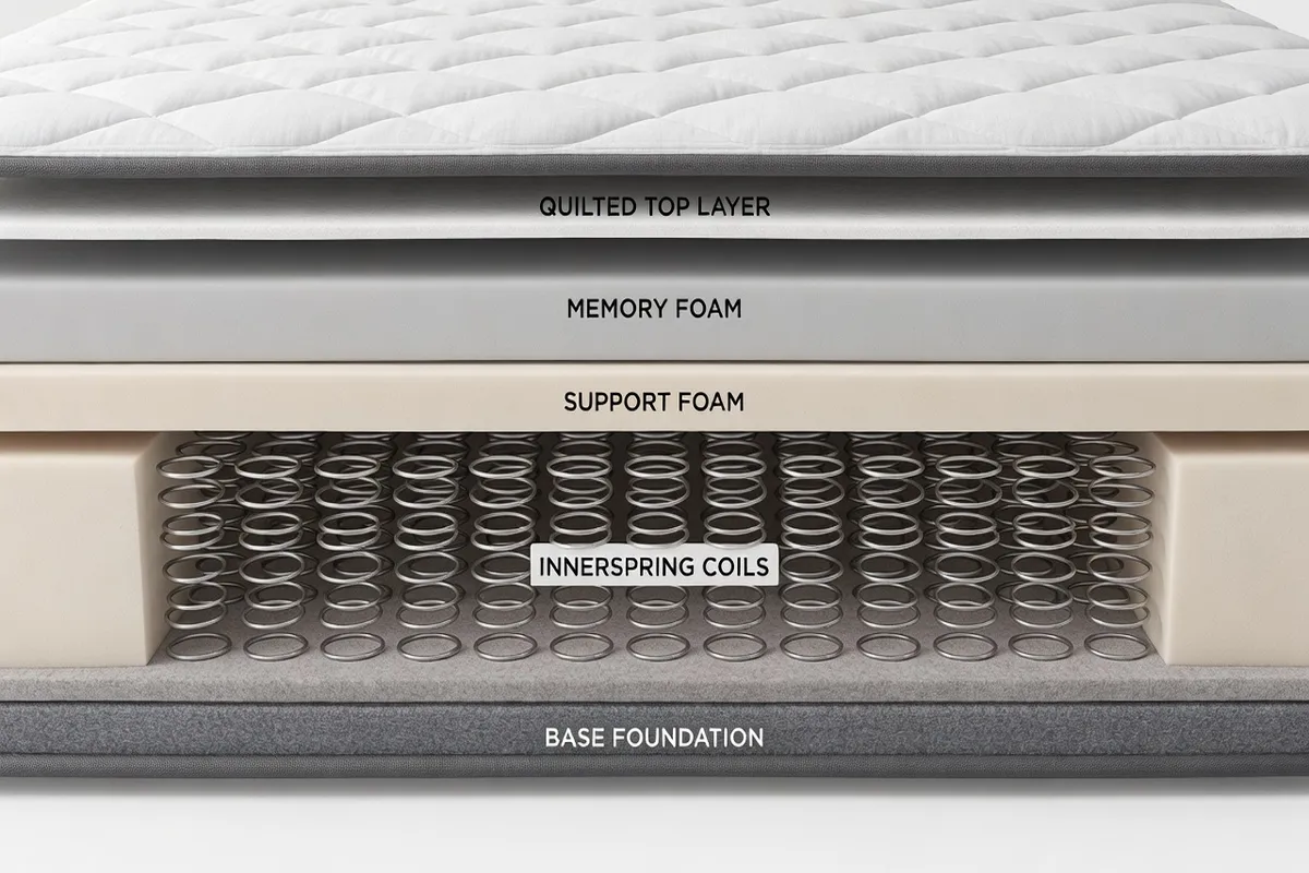 Coupe transversale d'un matelas montrant les différentes couches de mousse et ressorts