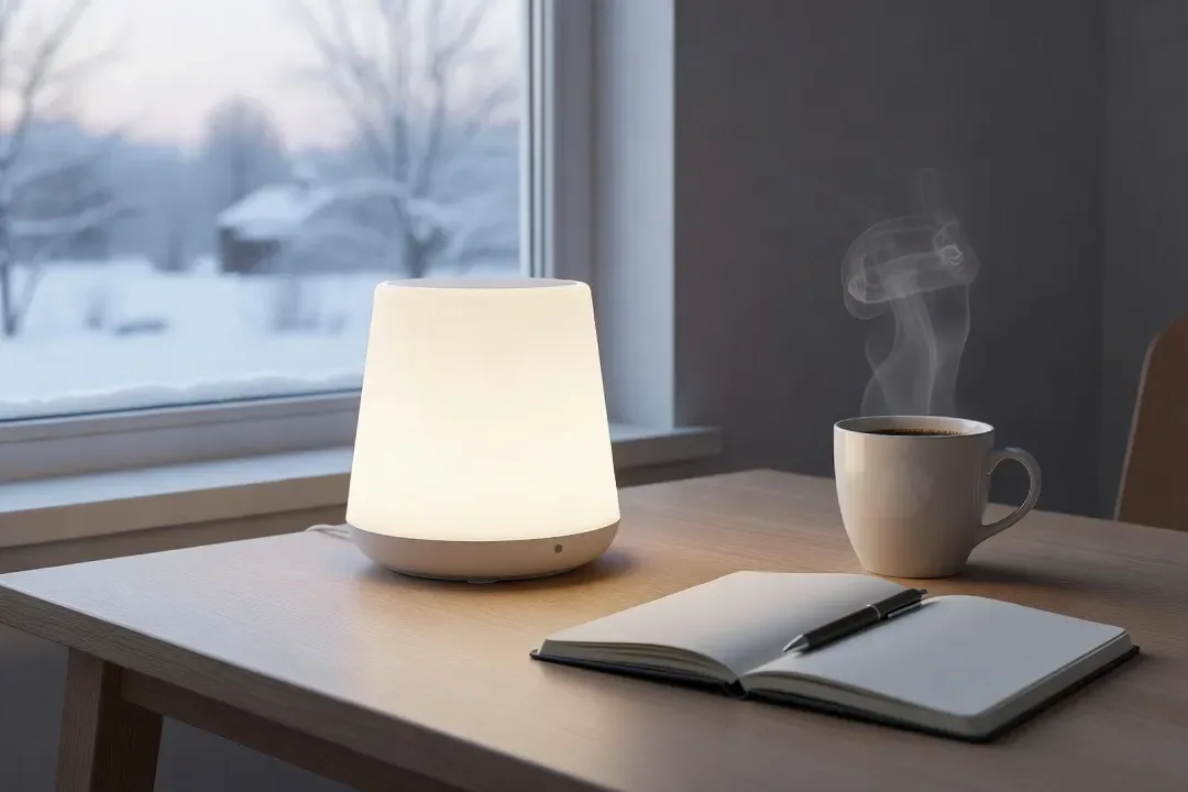 Lampe de luminothérapie le matin sur un bureau — outil clé pour les chronotypes du soir
