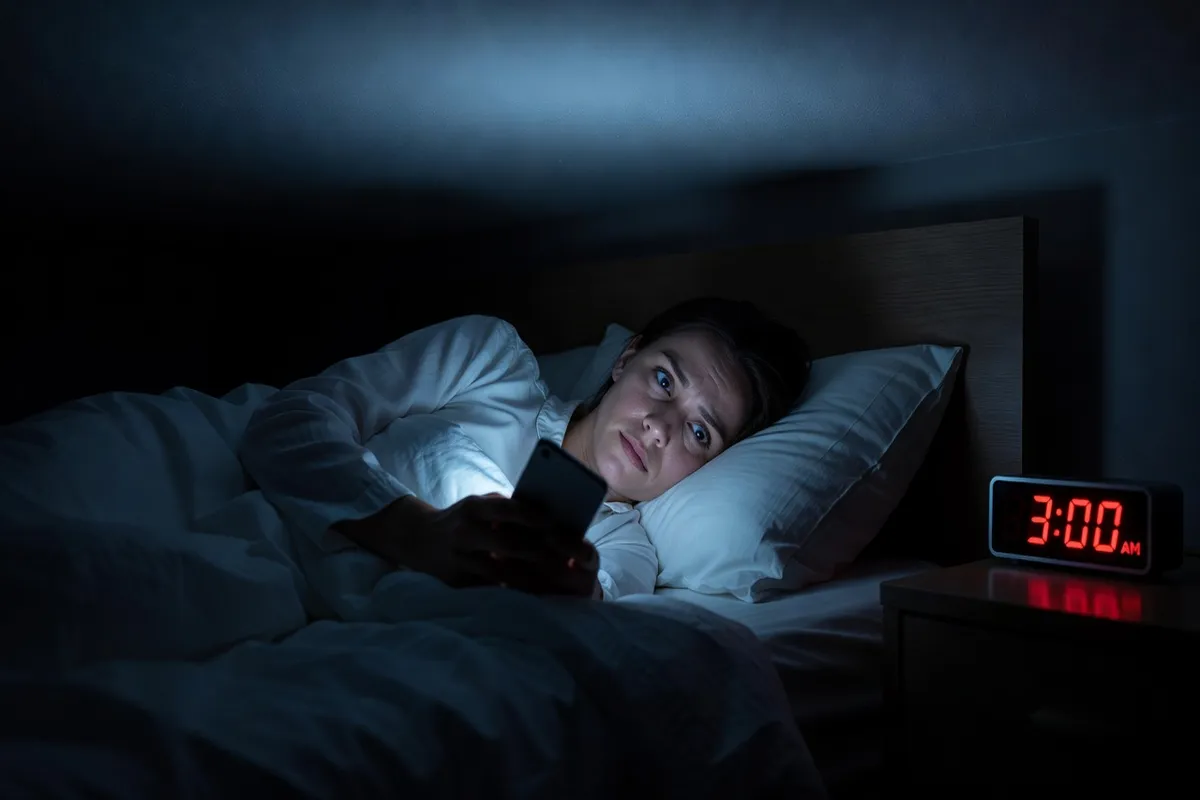 Personne allongée éveillée dans un lit sombre, réveil indiquant 3h du matin