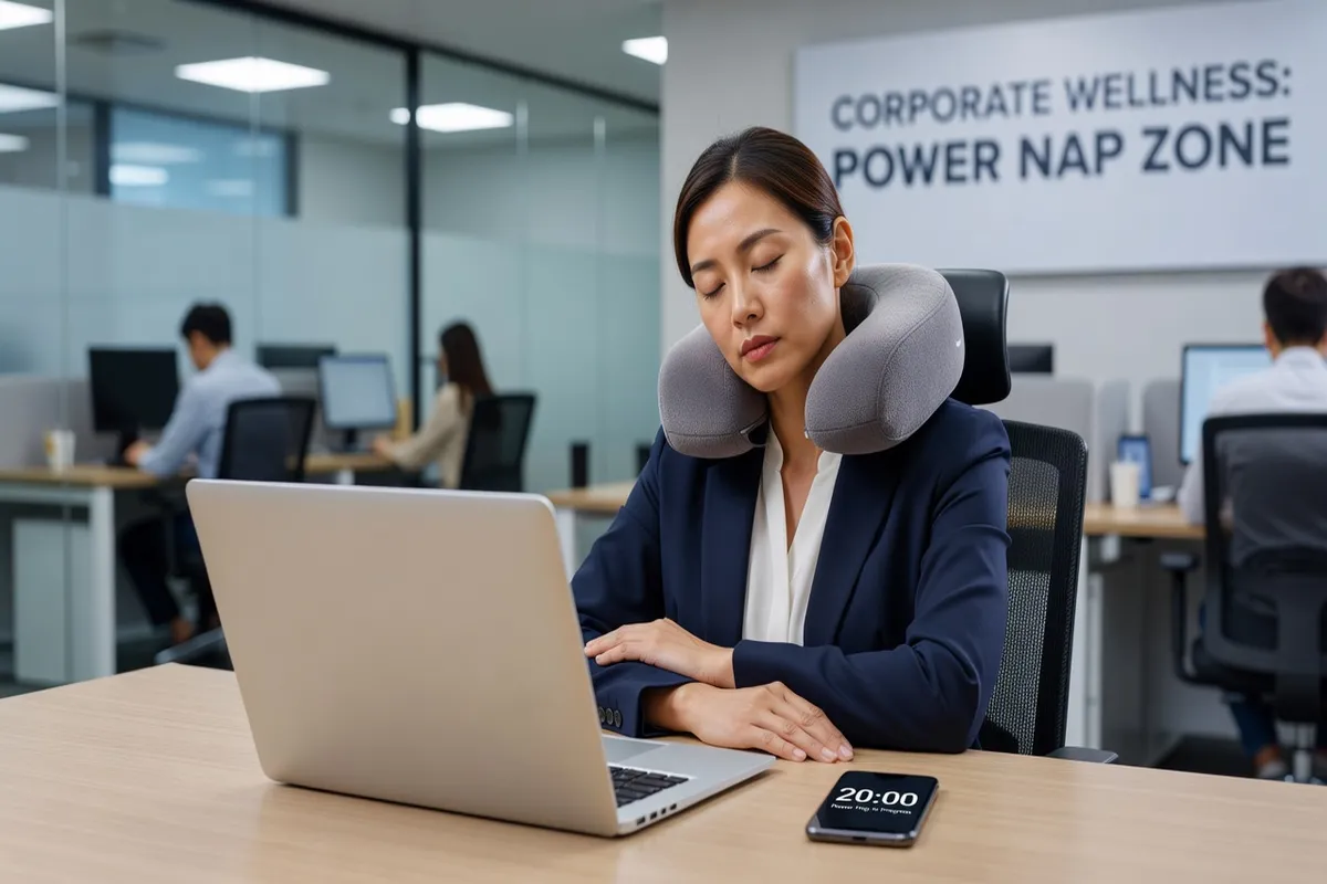 Professionnel faisant une micro-sieste au bureau avec oreiller de voyage, minuteur posé à côté