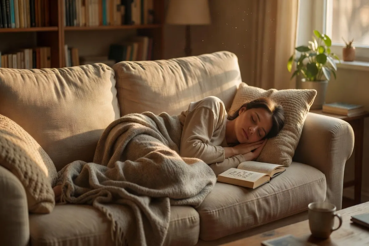 Personne allongée sur un canapé pour une courte sieste de l'après-midi, lumière dorée