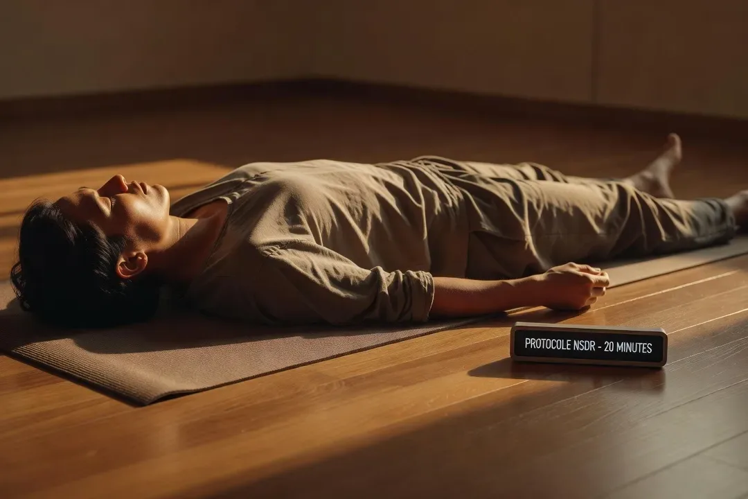 Personne en position savasana sur un tapis de sol, protocole NSDR 20 minutes, timer posé à côté