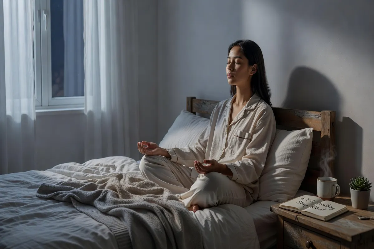 Pratique de la technique de respiration 4-7-8 assis sur un lit, chambre calme éclairée par la lune