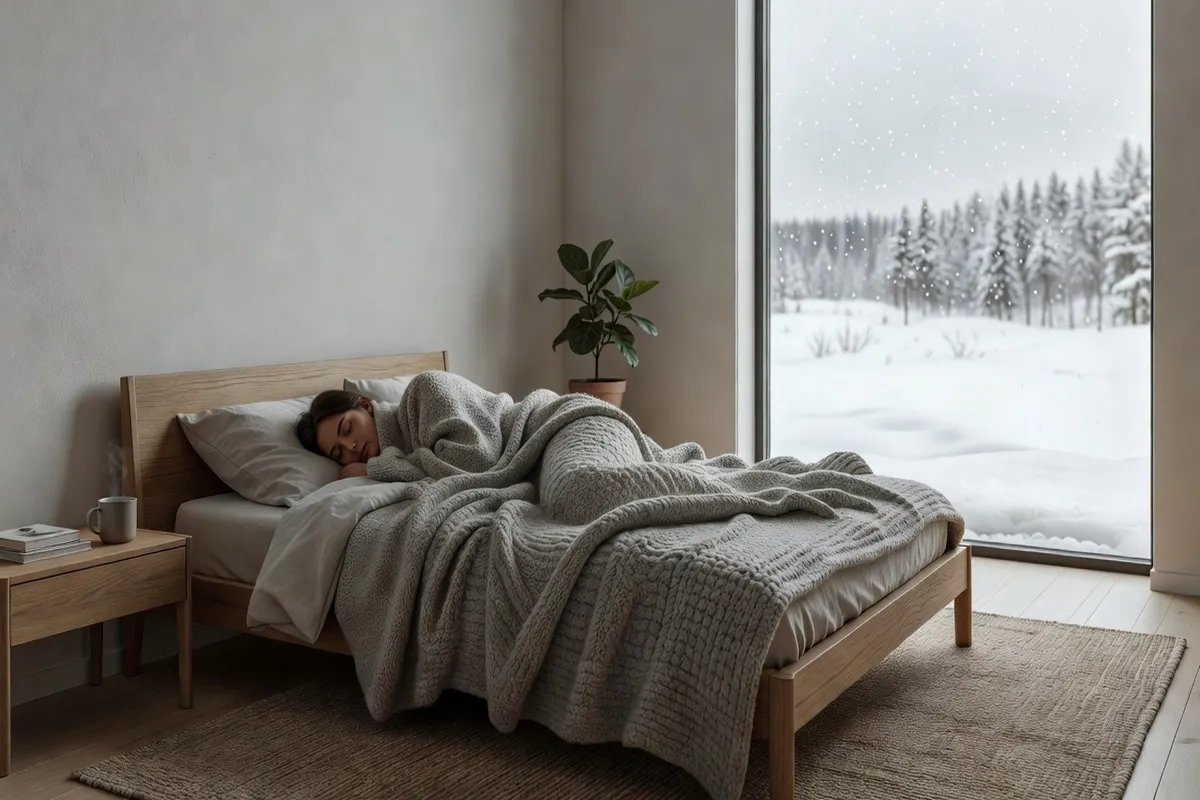 Chambre de style scandinave avec personne sous une couverture en laine, neige visible par la fenêtre