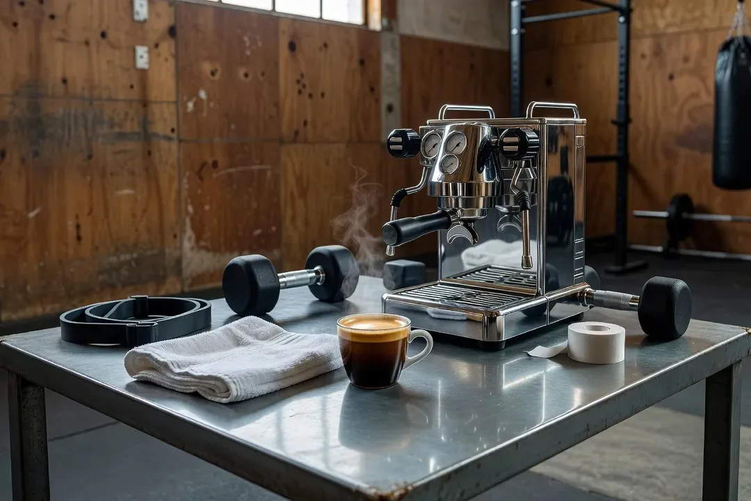 Double espresso posé sur une table de massage — préparation d'une coffee nap entre deux entraînements