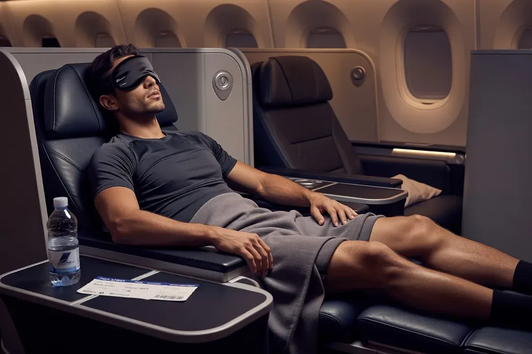 Athlète avec masque de sommeil dans un avion, récupération en transit entre deux compétitions