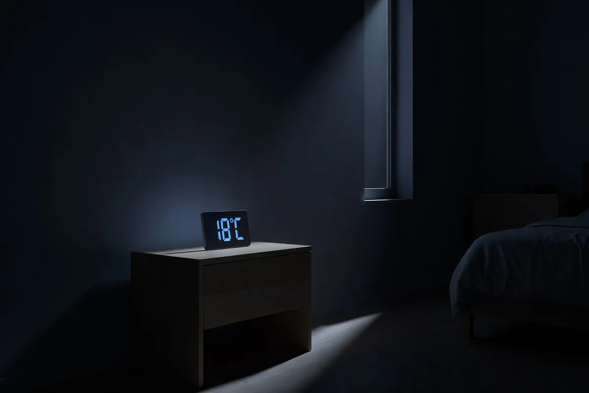 Thermomètre digital affichant 18°C dans une chambre fraîche et sombre